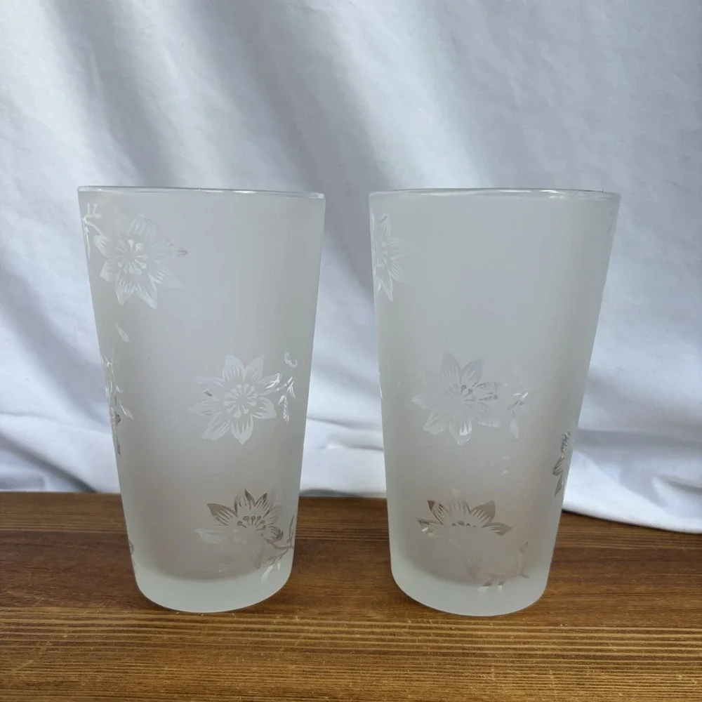 Set of 2 Frosted Floral Drinking Glasses Etched Flower Tumblers Vintage Style